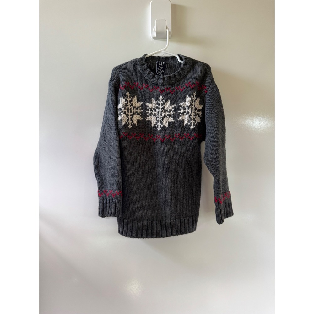Gap Kids Fair Isle Sweater Gray Cotton Snowflake Knit Pullover Youth XS 4 Y2K